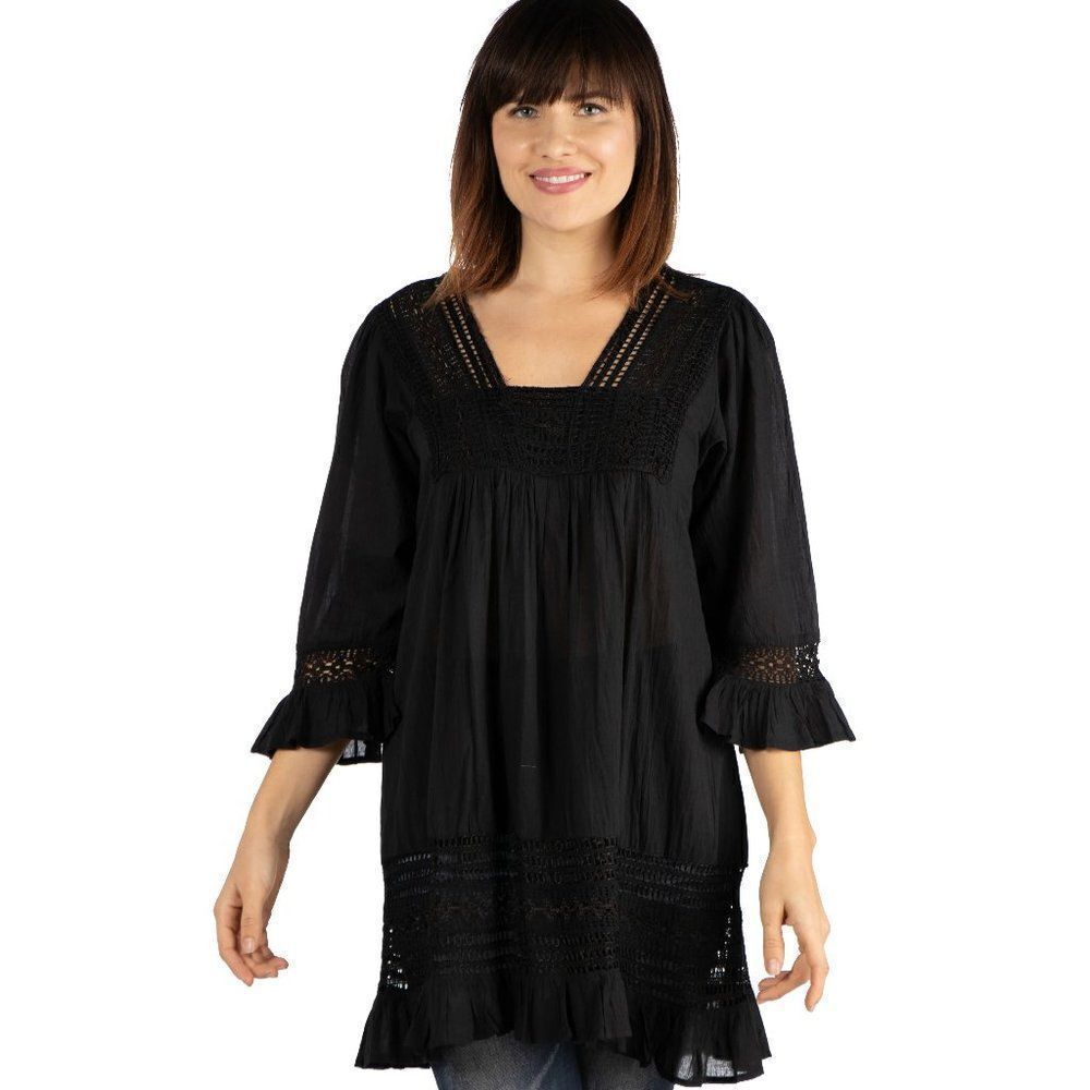 NEW! 24/7 Comfort Boho Peasant Dress Swim Coverup size Medium in Black